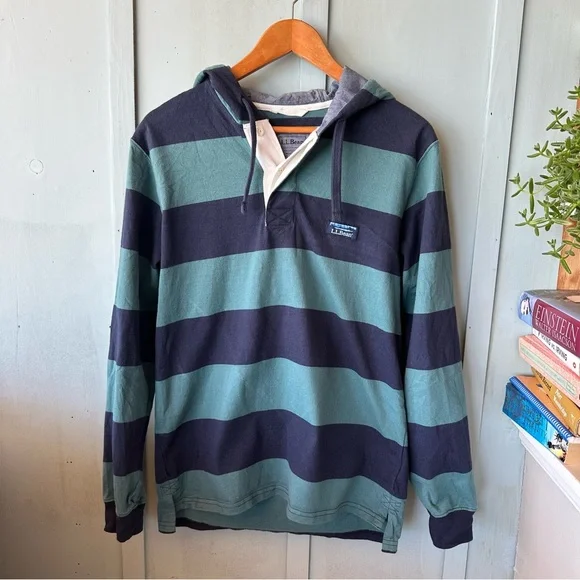 L.L. Bean Men's Striped Hoodie - Navy and Teal - Picture 2 of 7